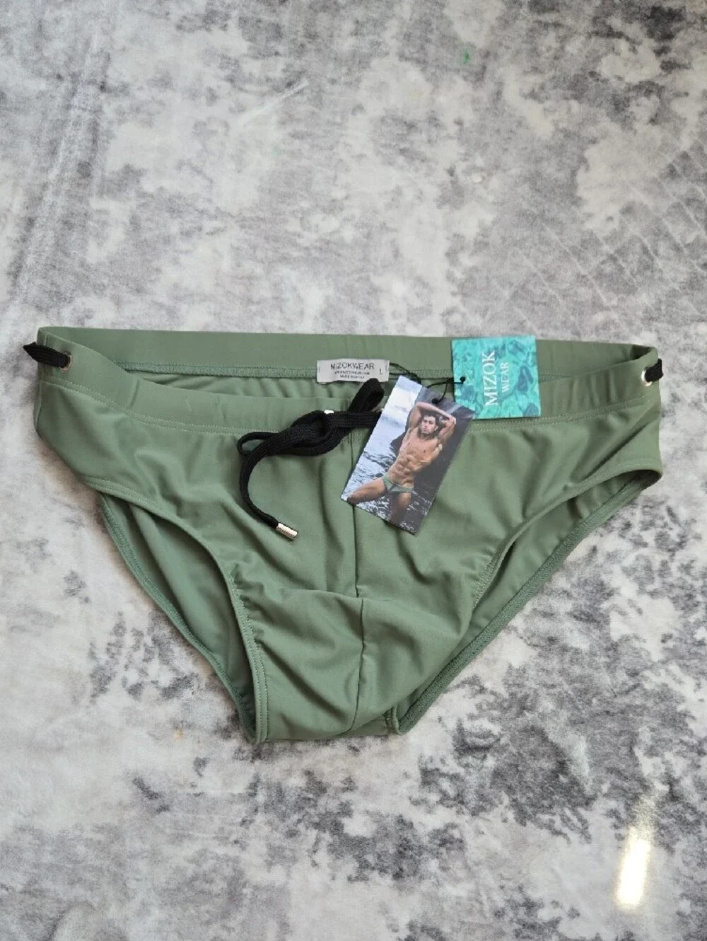 Men's Olive Green Swim Trunks with Black Drawstring